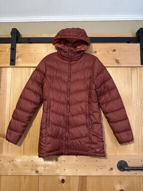 Outdoor Research Transcendent Down Parka Coat Women’s Size S Rust Orange Hooded
